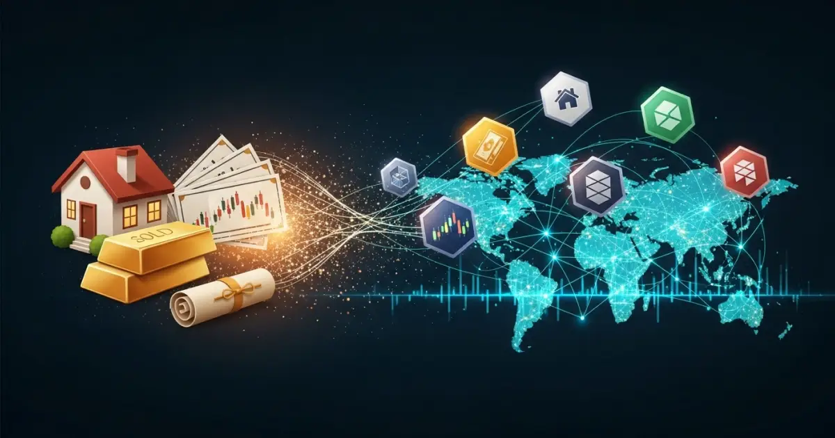 Invest in RWA Tokens – Real World Assets on Blockchain | Bitunix Illustration of real-world assets like real estate, gold, bonds, and stocks transforming into blockchain-based RWA tokens connected to a global digital network.