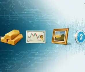 Illustration of asset tokenization showing gold, real estate, stocks, and art being transformed into digital tokens on a blockchain.