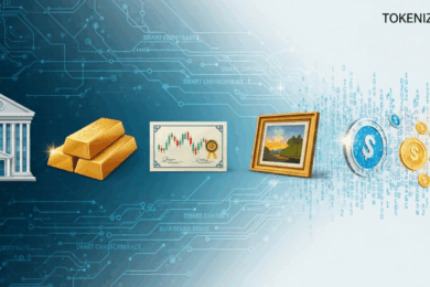 Illustration of asset tokenization showing gold, real estate, stocks, and art being transformed into digital tokens on a blockchain.