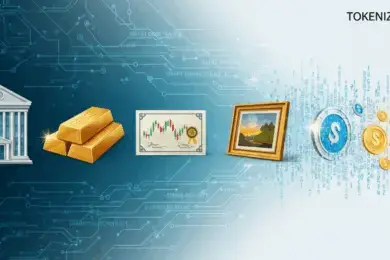 Illustration of asset tokenization showing gold, real estate, stocks, and art being transformed into digital tokens on a blockchain.