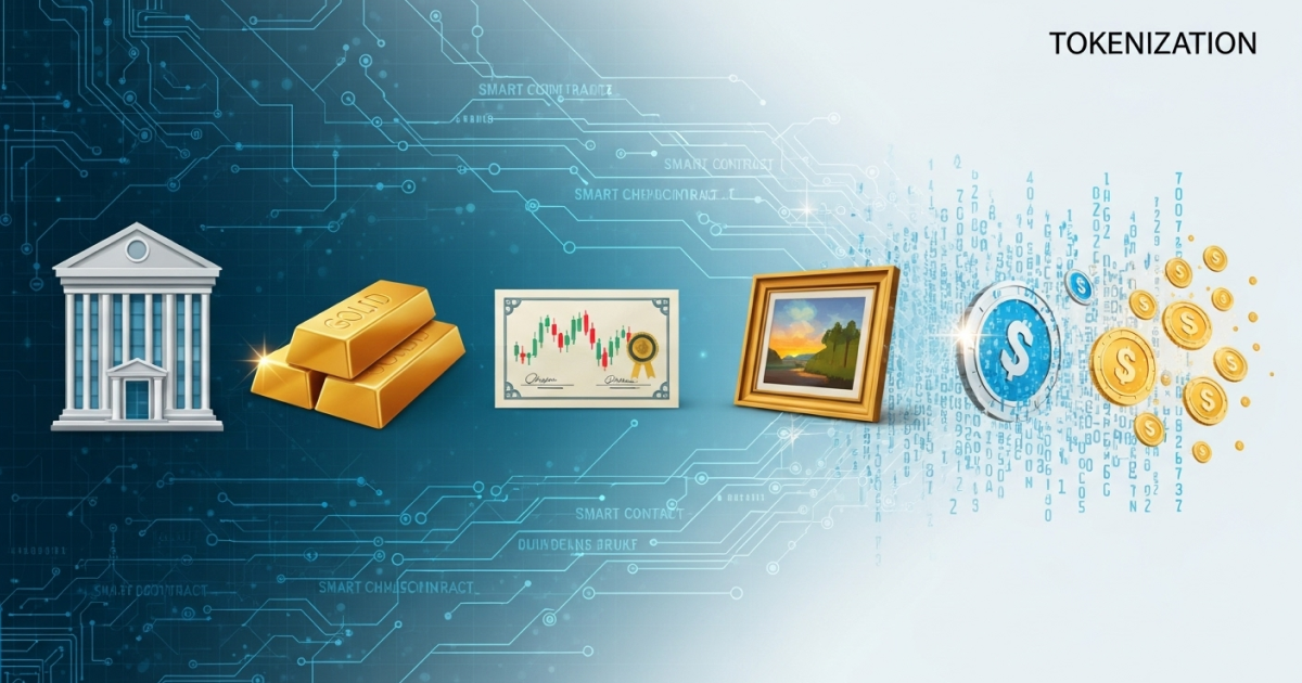 Illustration of asset tokenization showing gold, real estate, stocks, and art being transformed into digital tokens on a blockchain.