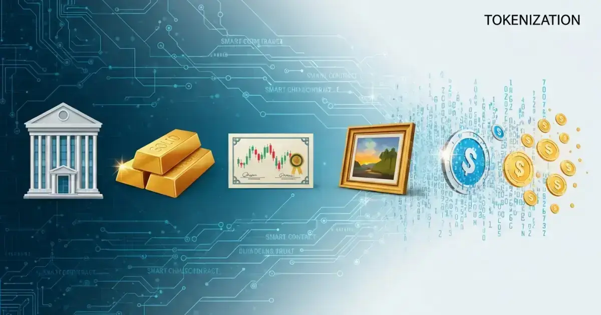 Illustration of asset tokenization showing gold, real estate, stocks, and art being transformed into digital tokens on a blockchain.
