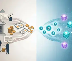 Illustration comparing traditional banking with blockchain tokenization, showing banks, documents, and coins on one side, and digital assets with blockchain cubes on the other.