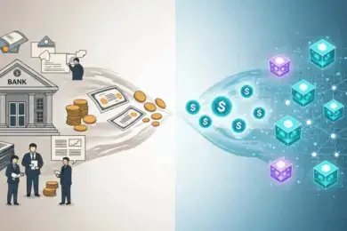 Illustration comparing traditional banking with blockchain tokenization, showing banks, documents, and coins on one side, and digital assets with blockchain cubes on the other.