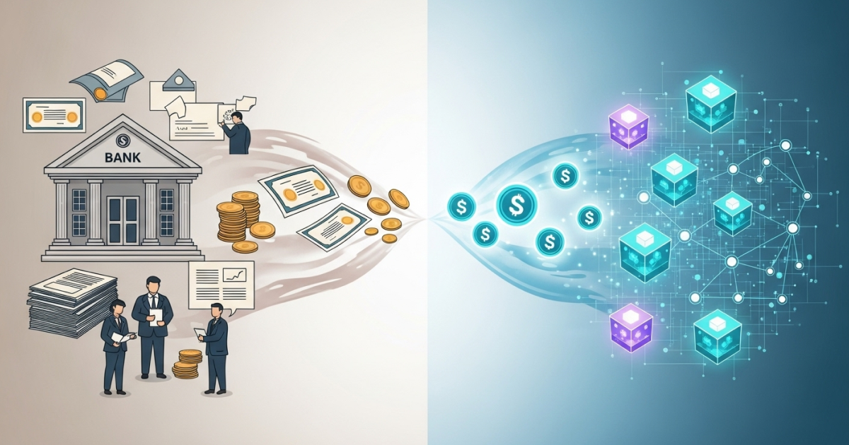 Illustration comparing traditional banking with blockchain tokenization, showing banks, documents, and coins on one side, and digital assets with blockchain cubes on the other.
