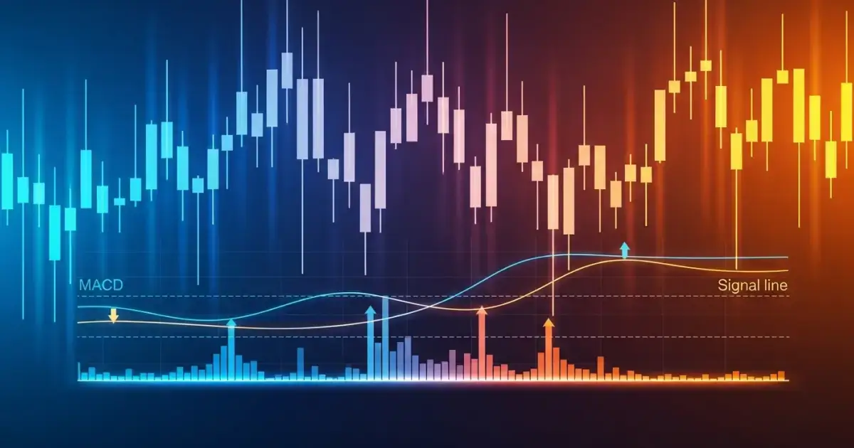 MACD indicator chart showing signal line crossovers and histogram for crypto trading analysis.