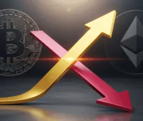 Golden and Death Cross concept with Bitcoin and Ethereum logos, showing gold upward arrow and red downward arrow representing bullish and bearish market signals.