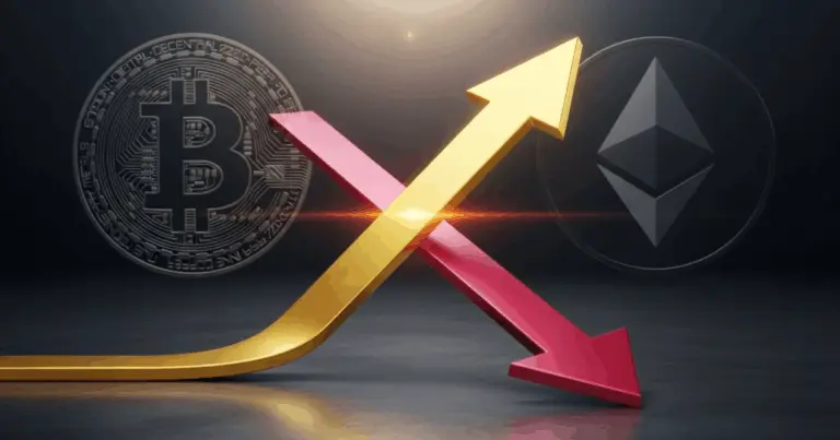 Golden and Death Cross concept with Bitcoin and Ethereum logos, showing gold upward arrow and red downward arrow representing bullish and bearish market signals.