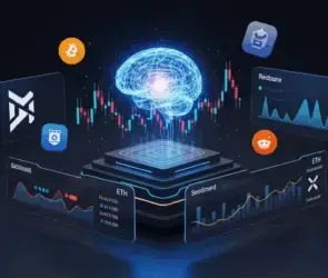 AI crypto trading bot interface displaying spot and futures charts with buy and sell signals.