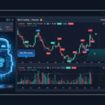AI crypto trading bot interface displaying spot and futures charts with buy and sell signals.