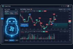 AI crypto trading bot interface displaying spot and futures charts with buy and sell signals.