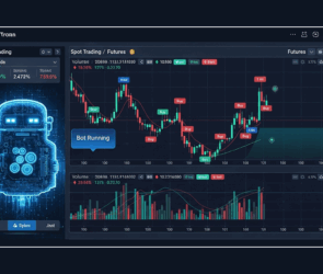 AI crypto trading bot interface displaying spot and futures charts with buy and sell signals.