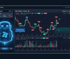 AI crypto trading bot interface displaying spot and futures charts with buy and sell signals.
