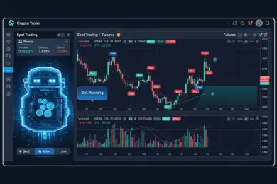 AI crypto trading bot interface displaying spot and futures charts with buy and sell signals.