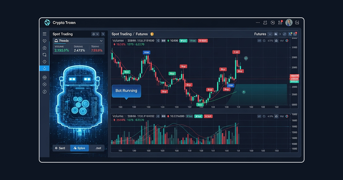 AI crypto trading bot interface displaying spot and futures charts with buy and sell signals.