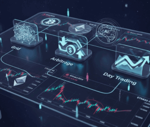 Digital dashboard displaying crypto trading bots for grid trading, arbitrage, and day trading strategies, with Bitcoin and Ethereum charts in the background.