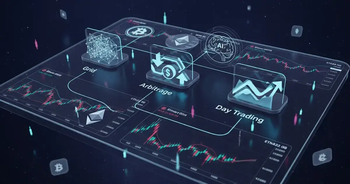 Digital dashboard displaying crypto trading bots for grid trading, arbitrage, and day trading strategies, with Bitcoin and Ethereum charts in the background.