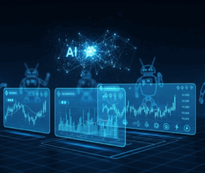 Futuristic digital interface showcasing algorithmic trading with AI-powered crypto bots, featuring trading charts and robotic assistants.