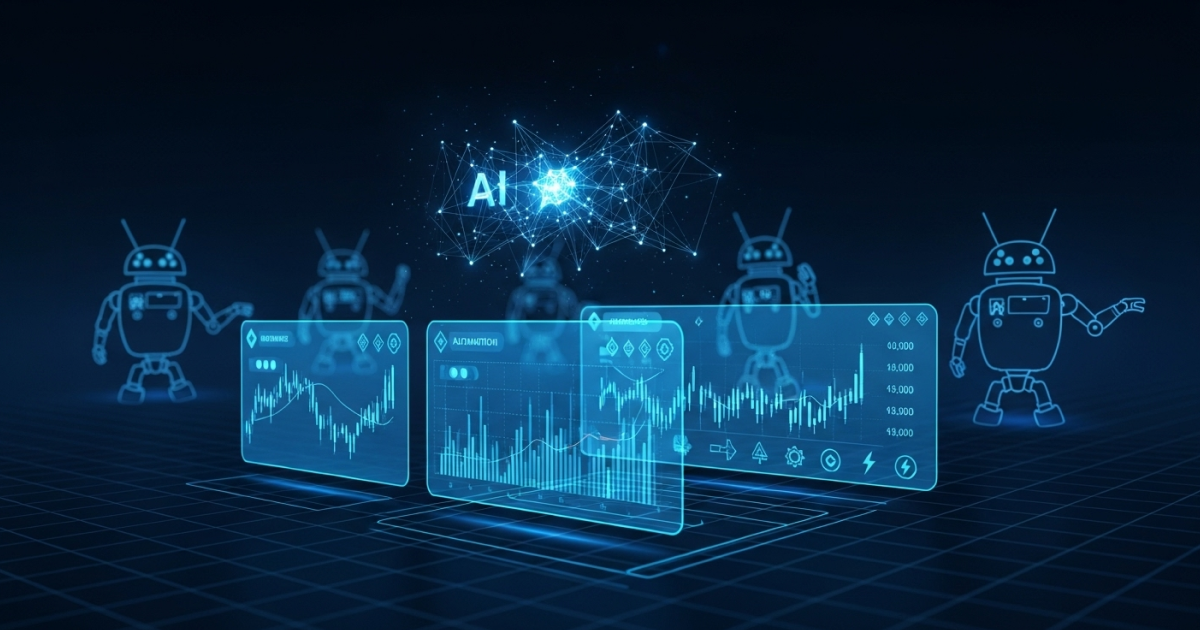 Futuristic digital interface showcasing algorithmic trading with AI-powered crypto bots, featuring trading charts and robotic assistants.
