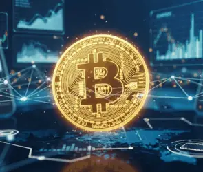 Bitcoin digital currency concept showing blockchain connections, market charts, and crypto wallet icons in a futuristic financial technology background.