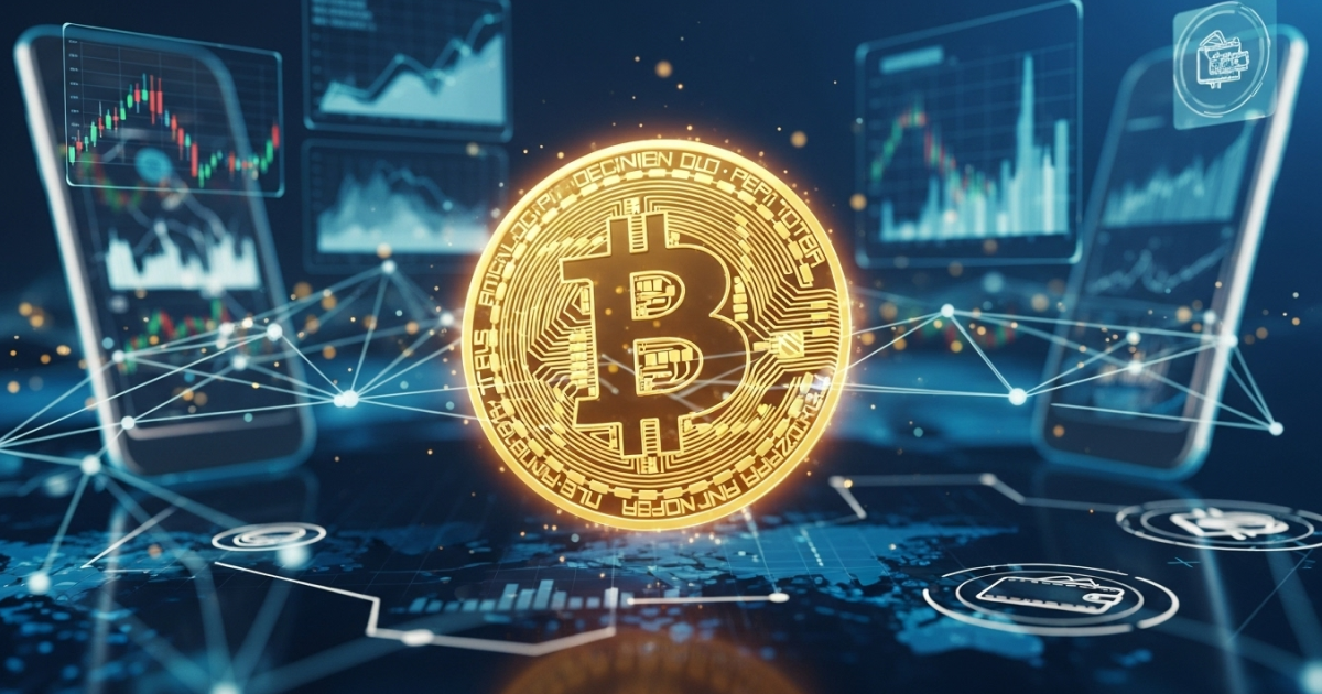 Bitcoin digital currency concept showing blockchain connections, market charts, and crypto wallet icons in a futuristic financial technology background.