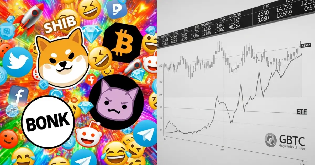 Split-screen image illustrating the contrast between meme coins like SHIB and BONK, and technical financial charts representing ETF performance — highlighting the difference between hype-driven assets and strategic spot trading.