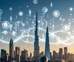 Skyline of Dubai and global cities with digital blockchain tokens representing real estate tokenization and fractional property ownership.