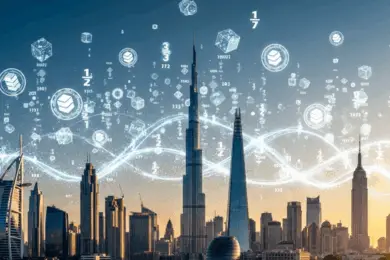 Skyline of Dubai and global cities with digital blockchain tokens representing real estate tokenization and fractional property ownership.