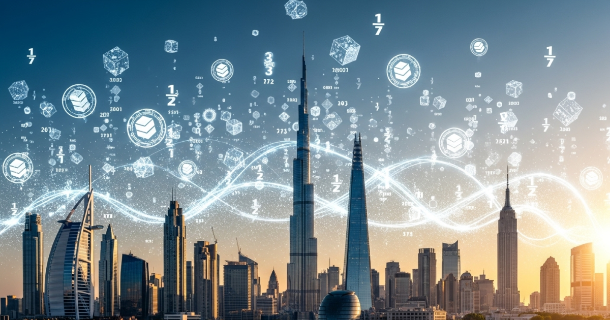 Skyline of Dubai and global cities with digital blockchain tokens representing real estate tokenization and fractional property ownership.