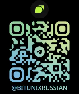 Bitunix A gradient blue and green QR code with the Telegram logo in the center. Above it is a rounded green leaf icon on a black circle. Below the QR code is the text “@BITUNIXRUSSIAN” in blue.