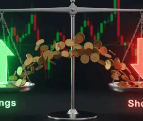 Bitunix A balance scale with coins tipping from the Shorts side with a red down arrow to the Longs side with a green up arrow, set against a backdrop of perpetual futures and financial candlestick charts.
