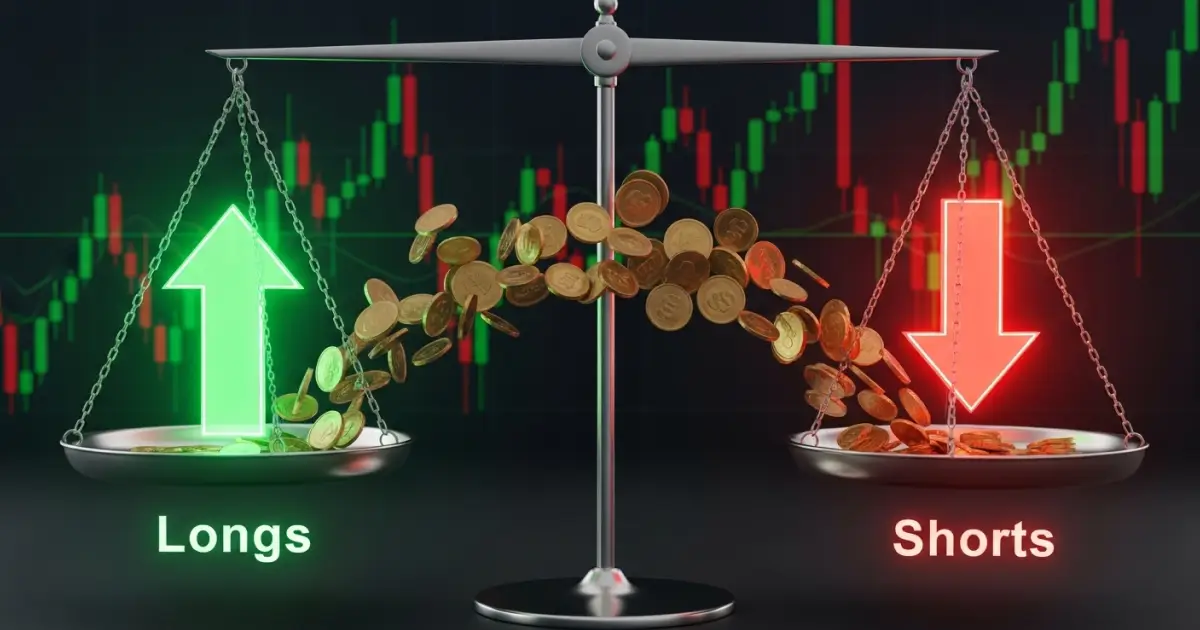 Bitunix A balance scale with coins tipping from the Shorts side with a red down arrow to the Longs side with a green up arrow, set against a backdrop of perpetual futures and financial candlestick charts. | Bitunix Bitunix A balance scale with coins tipping from the Shorts side with a red down arrow to the Longs side with a green up arrow, set against a backdrop of perpetual futures and financial candlestick charts.