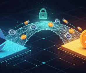 Digital illustration of a cross-chain bridge connecting Ethereum and Bitcoin, showing token transfers across blockchains with a security lock symbol.