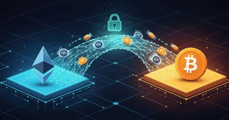 Digital illustration of a cross-chain bridge connecting Ethereum and Bitcoin, showing token transfers across blockchains with a security lock symbol.