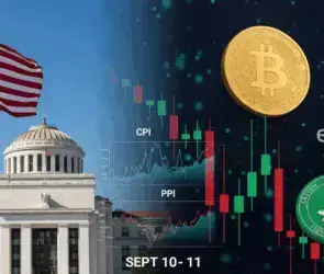 U.S. Federal Reserve building with American flag on the left and Bitcoin, Ethereum, and price charts on the right, highlighting CPI and PPI data releases and their impact on crypto markets.