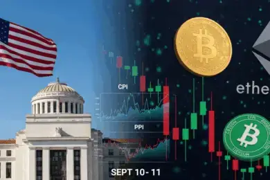 U.S. Federal Reserve building with American flag on the left and Bitcoin, Ethereum, and price charts on the right, highlighting CPI and PPI data releases and their impact on crypto markets.
