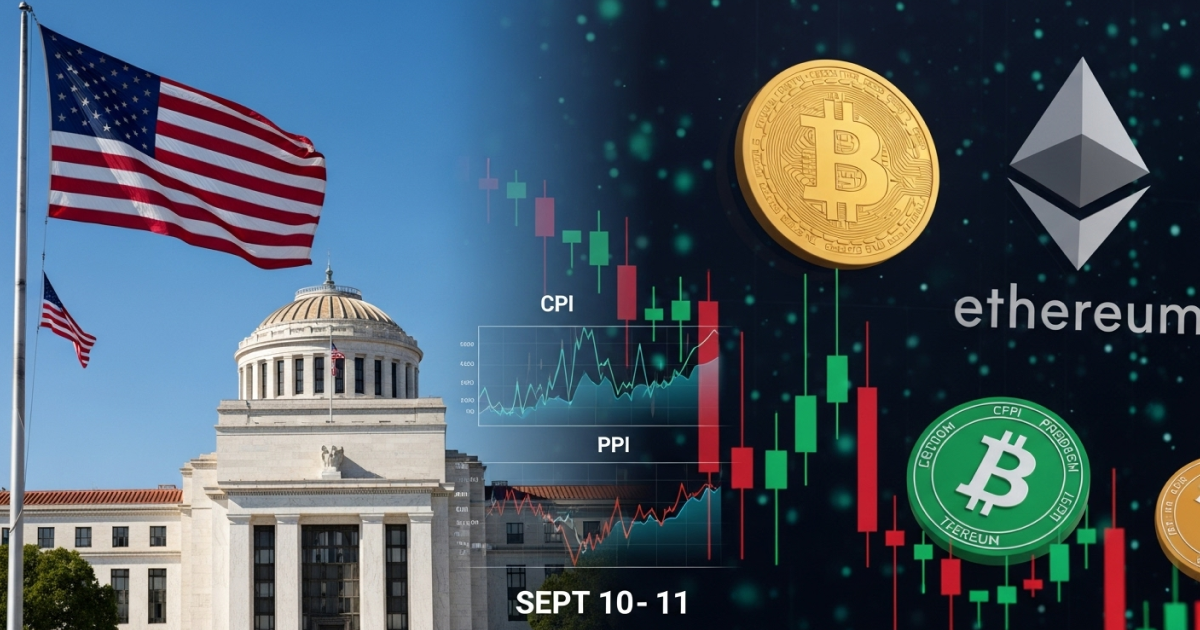 U.S. Federal Reserve building with American flag on the left and Bitcoin, Ethereum, and price charts on the right, highlighting CPI and PPI data releases and their impact on crypto markets.
