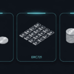 Illustration of Ethereum token standards ERC20, ERC721, and ERC1155 showing fungible tokens, NFTs, and multi-token assets.