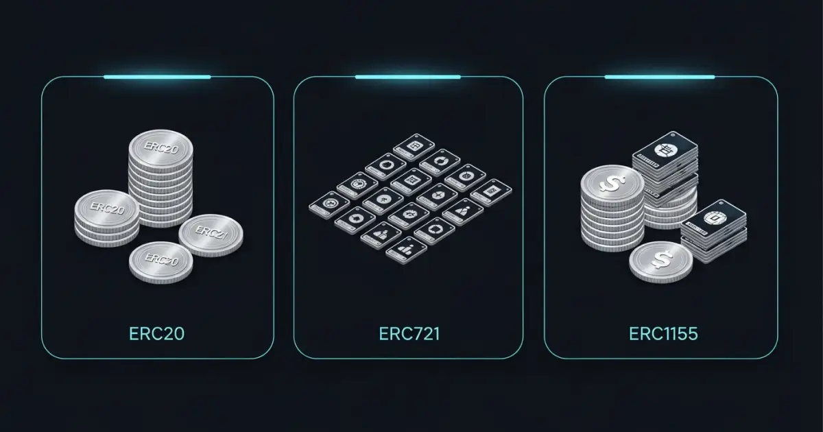 Illustration of Ethereum token standards ERC20, ERC721, and ERC1155 showing fungible tokens, NFTs, and multi-token assets.