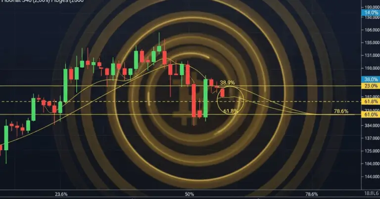 Crypto candlestick chart with Fibonacci retracement levels including 23.6%, 38.9%, 50%, 61.8%, and 78.6%, showing potential support and resistance zones for trading analysis.