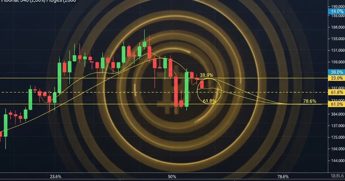 Crypto candlestick chart with Fibonacci retracement levels including 23.6%, 38.9%, 50%, 61.8%, and 78.6%, showing potential support and resistance zones for trading analysis.