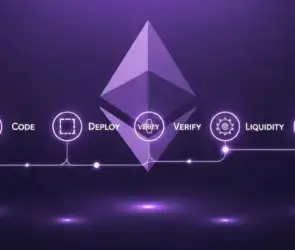 Ethereum token creation process infographic showing steps from idea, coding, deployment, verification, liquidity, to growth, with Ethereum logo in the center.