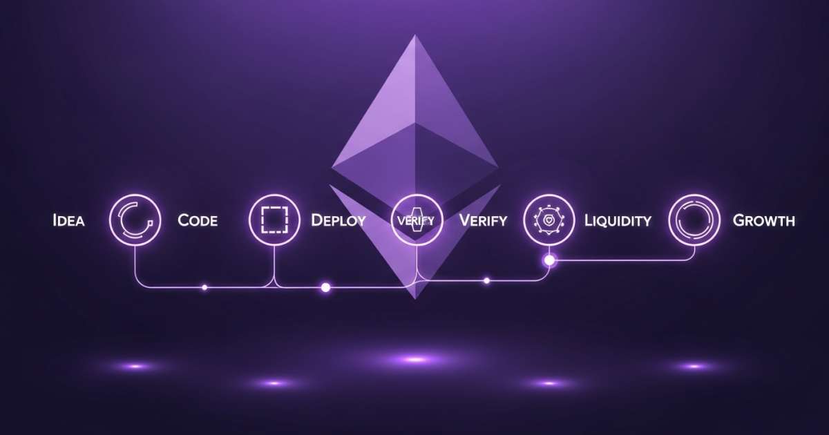 Ethereum token creation process infographic showing steps from idea, coding, deployment, verification, liquidity, to growth, with Ethereum logo in the center.