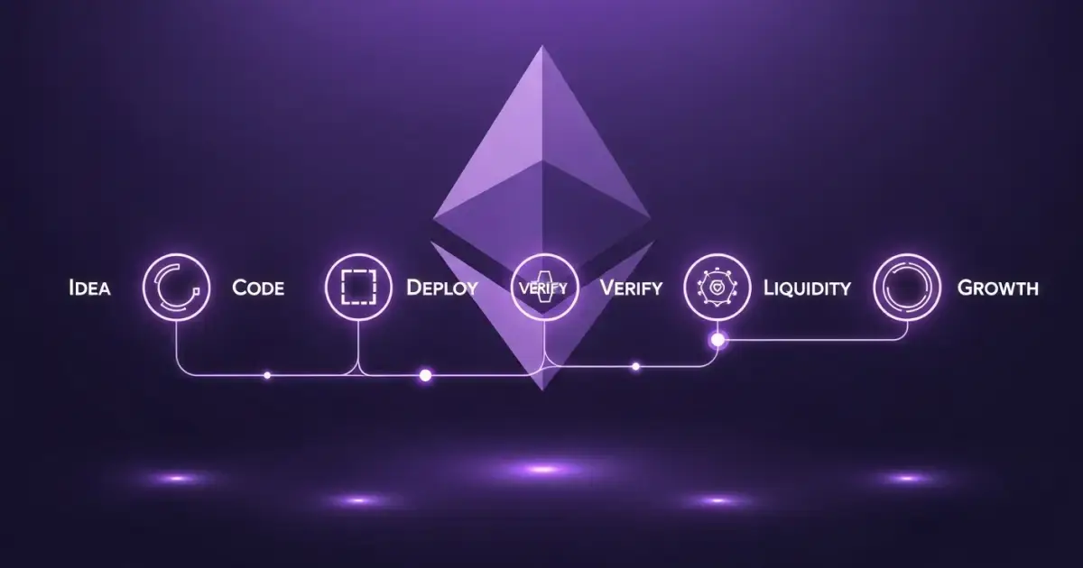 Ethereum token creation process infographic showing steps from idea, coding, deployment, verification, liquidity, to growth, with Ethereum logo in the center.