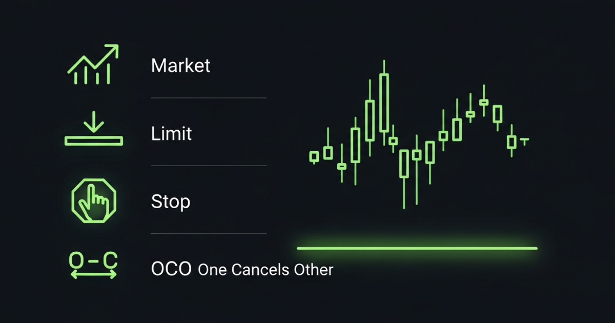 Illustration of crypto order types on Bitunix, showing Market, Limit, Stop, and OCO (One Cancels Other) orders alongside a candlestick chart.