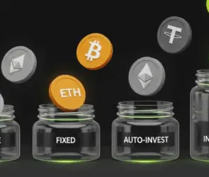 Four transparent jars labeled Flexible, Fixed, Auto-Invest, and Dual Investment, with crypto coins like Bitcoin, Ethereum, and Tether dropping into each jar, symbolizing Bitunix passive income products.