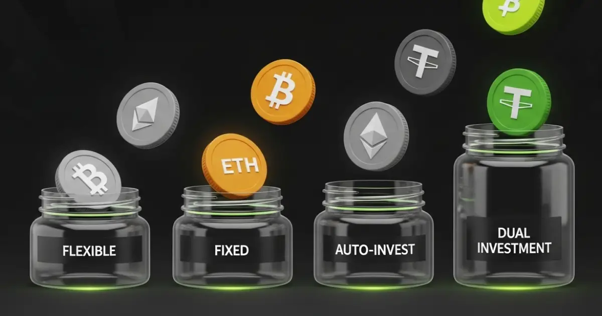 Four transparent jars labeled Flexible, Fixed, Auto-Invest, and Dual Investment, with crypto coins like Bitcoin, Ethereum, and Tether dropping into each jar, symbolizing Bitunix passive income products.