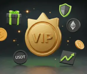 Golden VIP badge surrounded by Bitcoin, Ethereum, USDT, gift, shield, and growth icons, symbolizing Bitunix VIP Program benefits.