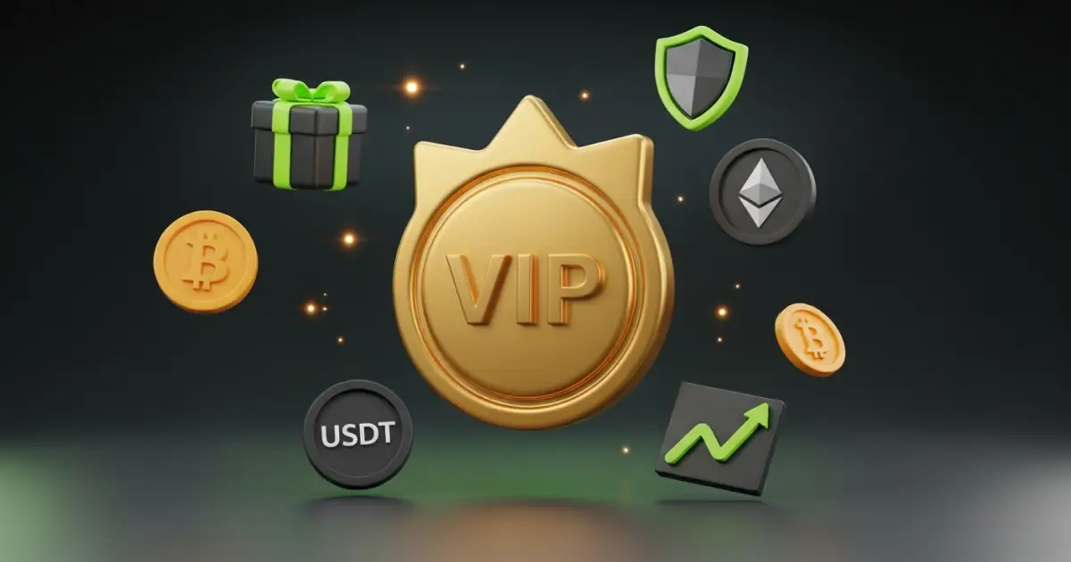 Golden VIP badge surrounded by Bitcoin, Ethereum, USDT, gift, shield, and growth icons, symbolizing Bitunix VIP Program benefits.
