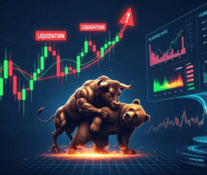 Crypto bull and bear market battle with liquidation alerts and funding rate charts on a trading screen.